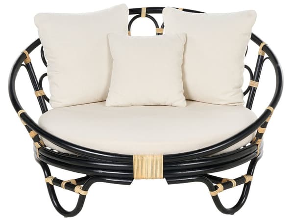 Have Daybed Sort Rattan Flet med 3 Beige Hynder Vejrbestandig Boho Traditionel Udendørs Patio