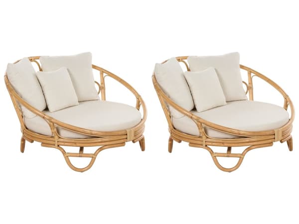 Sæt med 2 daybeds i naturlig rattanflet med 6 beige puder vejrbestandig boho traditionel udendørs terrasse