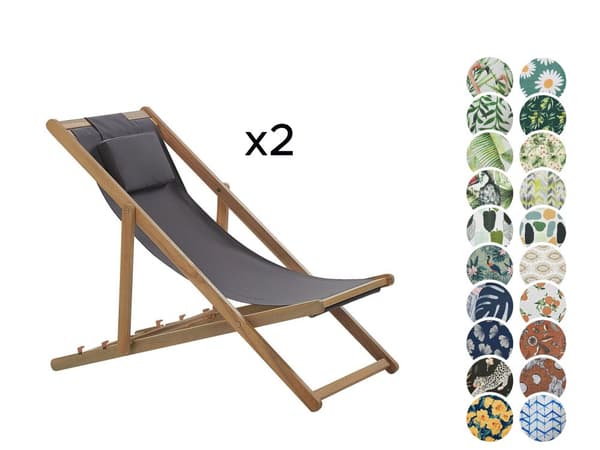 Sett med 2 Sammenleggbare Solstoler Lyst Akasietre 2 utskiftbare tekstiler med trendy mønster Stoffsete Nakkestøtte