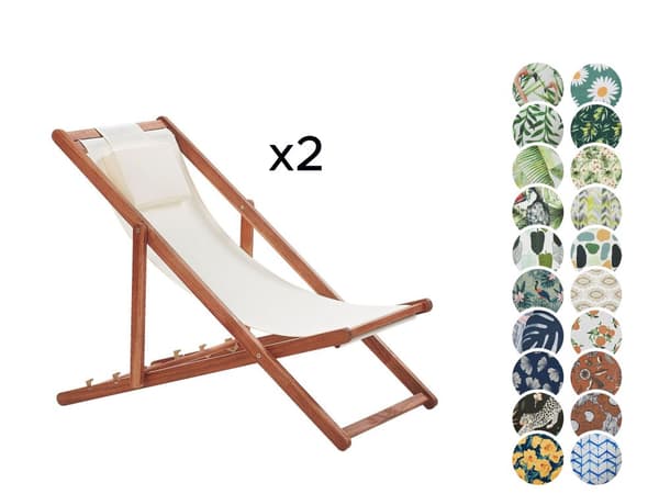 Set med 2 Fällbara Solstolar Mörkt Akaciaträ med Off-White 2 Ersättningstyger med Trendigt Mönster Hammock Hopfällbar Solsäng