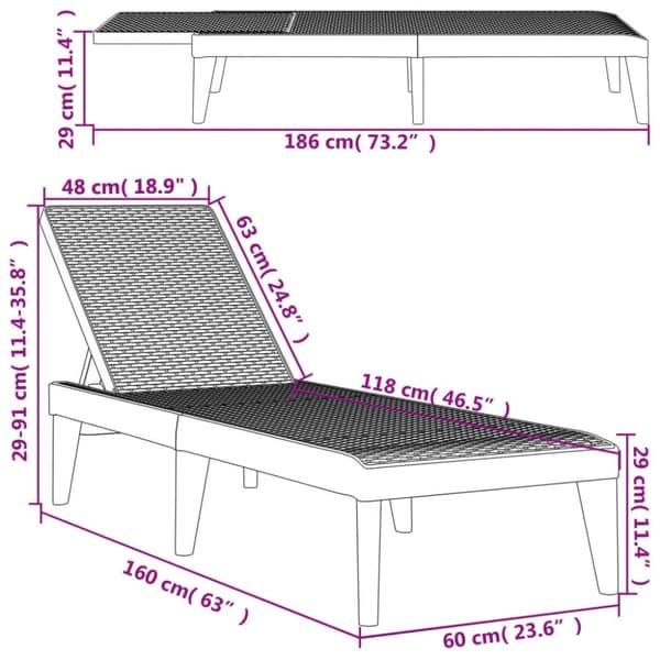 vidaXL liggestol 186x60x29 cm PP grå