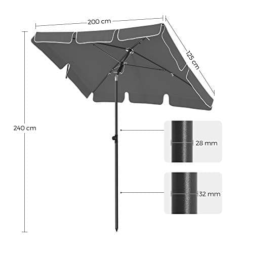 SONGMICS Rektangulær altanparasol 2 x 1,25 m, UPF 50+ beskyttelse, vippesolsejl, Grå