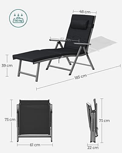 SONGMICS kokoontaittuva aurinkotuoli, solarium 6 cm patjalla, ruosteenkestävä alumiini, musta