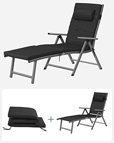 SONGMICS kokoontaittuva aurinkotuoli, solarium 6 cm patjalla, ruosteenkestävä alumiini, musta