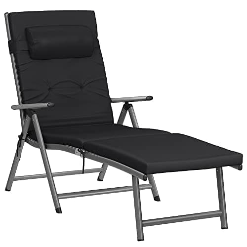 SONGMICS kokoontaittuva aurinkotuoli, solarium 6 cm patjalla, ruosteenkestävä alumiini, musta
