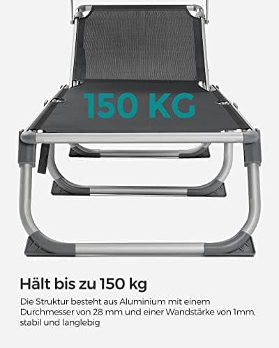 SONGMICS solstol, solsäng, liggande solstol med solskydd, justerbart ryggstöd, rökgrå