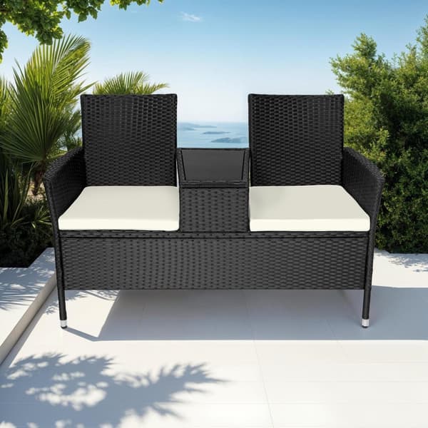 Polyrattan havestole med bord - sort/beige