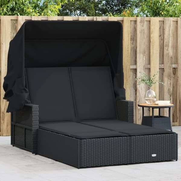 vidaXL solseng med baldakin og hynder polyrattan sort