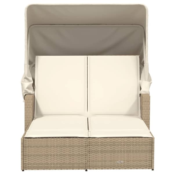 vidaXL Dubbel solsäng med tak och dynor beige konstrotting