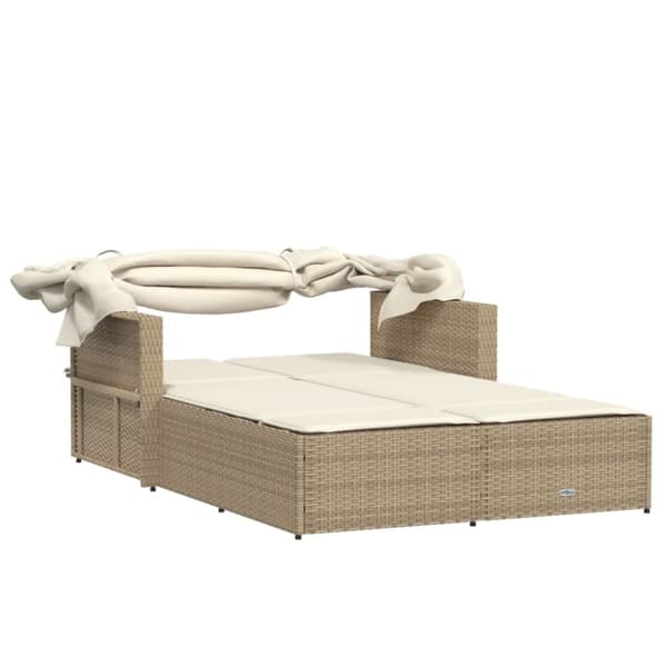 vidaXL Dubbel solsäng med tak och dynor beige konstrotting