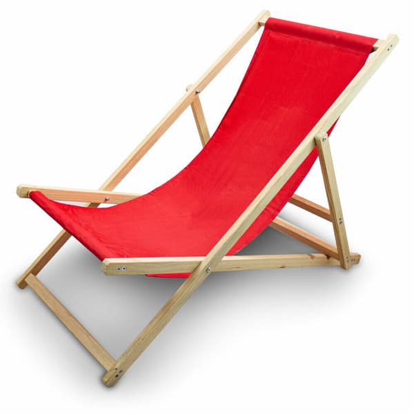 R�d solstol f�r tr�dg?rden p? stranden, hopf�llbar, slitstark, gjord av tr�