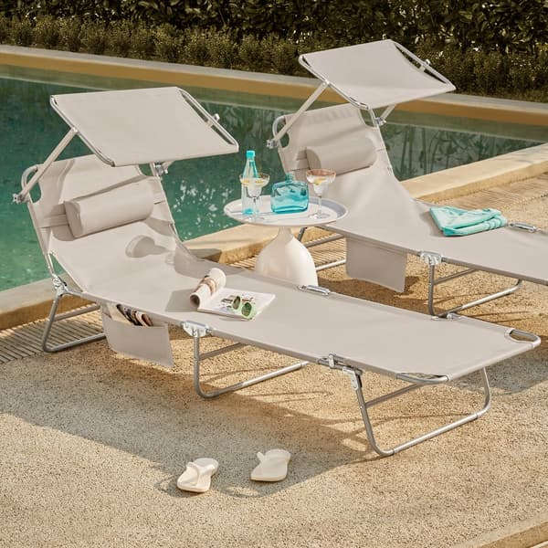 SoBuy 2 x Taitettava Aurinkotuoli Niskatuella & Säädettävällä Aurinkosuojalla – Puutarhaan tai Parvekkeelle | Beige OGS48-MIx2