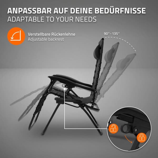 Sammenklappelig hvilestol grå med justerbar nakkestøtte og ryglæn inkl. kopholder fra ML-Design