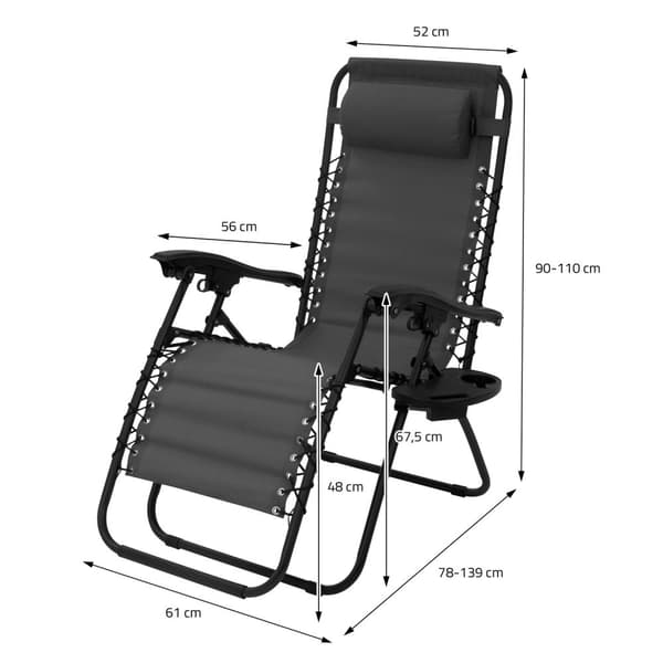 Sammenklappelig hvilestol grå med justerbar nakkestøtte og ryglæn inkl. kopholder fra ML-Design