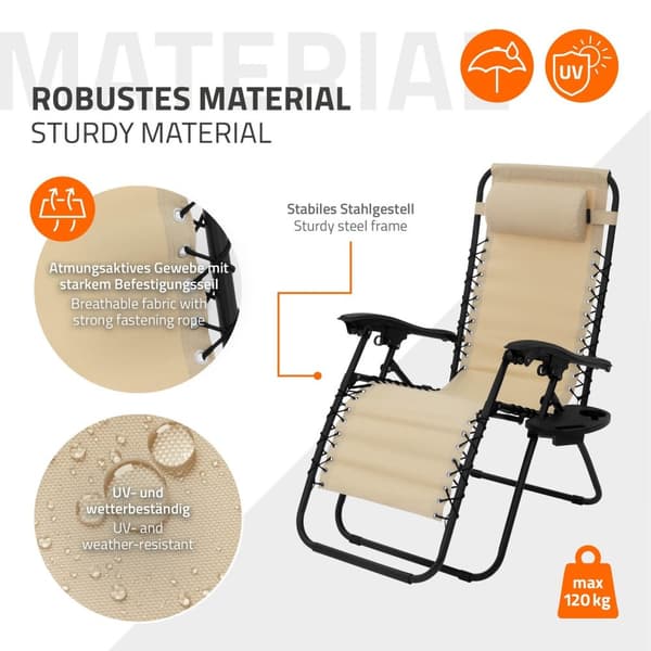 Taitettava lepotuoli beige, jossa säädettävä niskatuki ja selkänoja sekä mukiteline ML-Designilta.