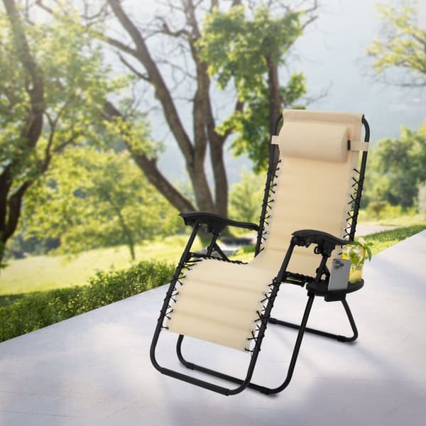 Taitettava lepotuoli beige, jossa säädettävä niskatuki ja selkänoja sekä mukiteline ML-Designilta.