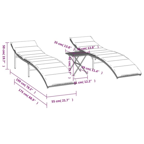 vidaXL liggestole 2 stk. med bord polyrattan brun