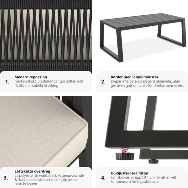 Loungeset/Loungegrupp Captive i rep-design - Set 1 (1 x soffa / 1 x bord / 2 x fåtöljer)