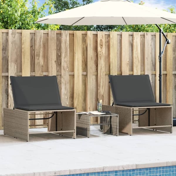 vidaXL liggestole 2 stk. med bord polyrattan grå