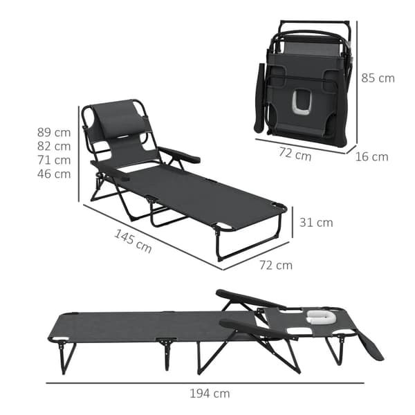 Rootz Garden Lounger - Solstol - Relax Lounger - Hopfällbar - Väderbeständig - Metallram - Vattentät - Mesh Tyg-polyester - Mörkgrå - 194cm x 72cm x 8