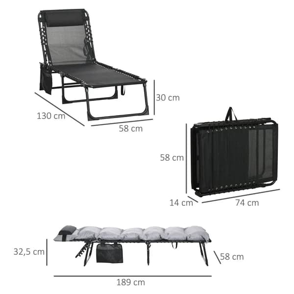 Rootz Folding Lounger - 5-trins tilbagelænet ryglæn - Pude - Op til 120 Kg - Stål - Lysegrå - 58 x 189 x 32,5 cm