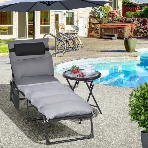 Rootz Folding Lounger - 5-trins tilbagelænet ryglæn - Pude - Op til 120 Kg - Stål - Lysegrå - 58 x 189 x 32,5 cm