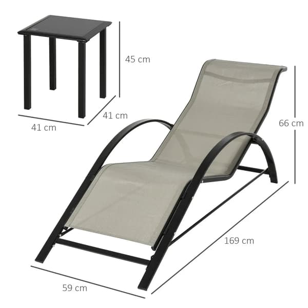 Rootz Garden Solstol Set - Solstolar - 3 st - 2 Solstolar - 1 Sidobord - Metallstomme - Metall - Polyester - Gråsvart - 59W x 169D x 66H cm