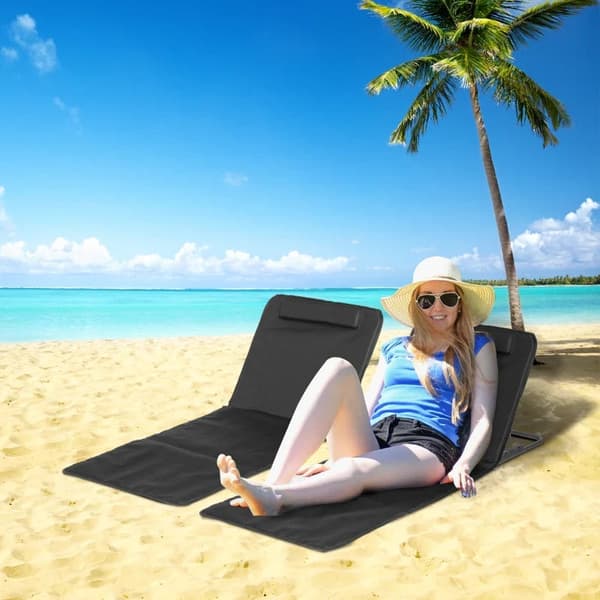 Rootz Beach lepotuoli - Aurinkotuoli - Puutarhatuoli - Taittuva säädettävä selkänoja - Sivutasku - PE-kangas - EPE-villa - Musta - 48cm x 134cm x 33-4