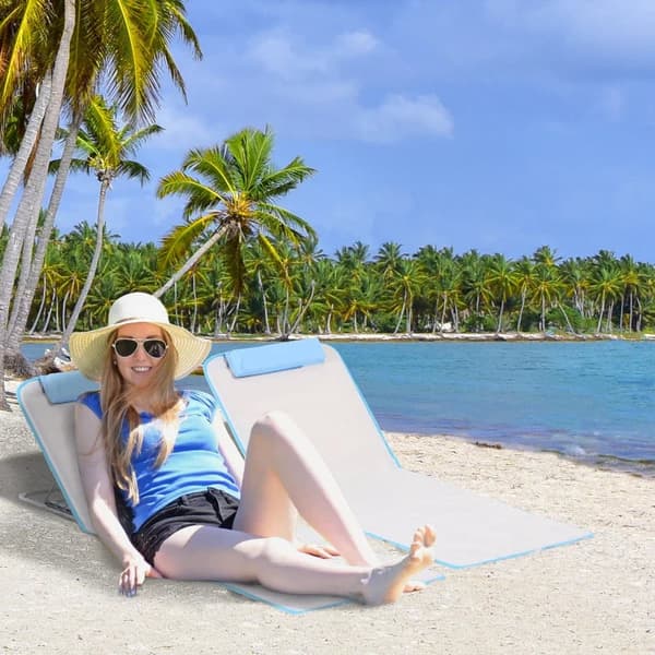 Rootz Beach Lounger - Sun Lounger - Have Lounger - Foldebar justerbar ryglæn - Sidelomme - PE stof - EPE Uld - Beige - 48cm x 134cm x 33-43cm