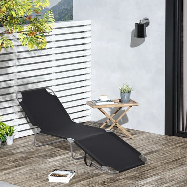 Rootz Sun Lounger - Sammenklappelig liggestol - Justerbart ryglæn - Rustfast - Oxford - Metalramme - Sort - 187 x 55 x 24 Cm