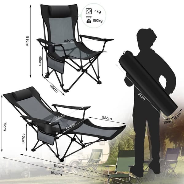 Rootz 4-i-1 campingstol - Utomhusfåtölj - Justerbar loungestol - Mångsidig, lätt, hållbar - 156 cm x 71 cm x 84 cm (liggande)