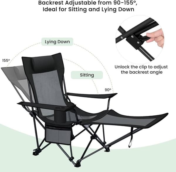 Rootz 4-i-1 campingstol - Utomhusfåtölj - Justerbar loungestol - Mångsidig, lätt, hållbar - 156 cm x 71 cm x 84 cm (liggande)