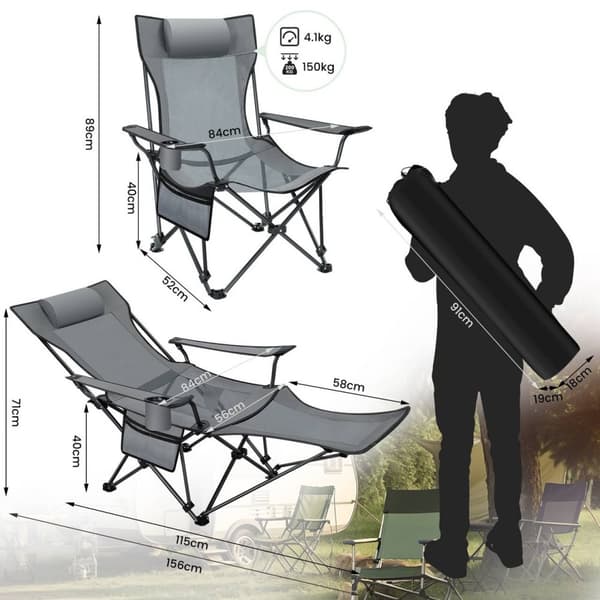 Rootz Ultimate 4-in-1 Camping lepotuoli - Ulkotuoli - Kannettava solarium - Monipuolinen, kevyt, kestävä - 156 cm x 71 cm x 84 cm (makuuasennossa)