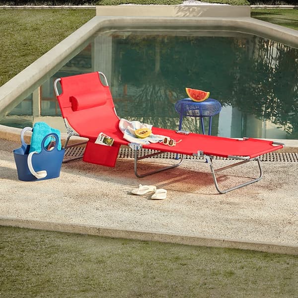 Rootz Justerbar liggestol - Strandseng - Havestol - Sammenklappelig, åndbar, med sidelomme - Rød - 195cm x 58cm x 63cm