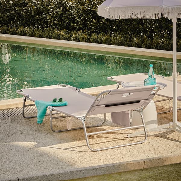 Rootz justerbar strandstol - Trädgårdssäng - Fällbar solstol - Syntetfiber som andas - Avtagbar kudde - Sidoficka - 195cm x 58cm x 63cm - Beige