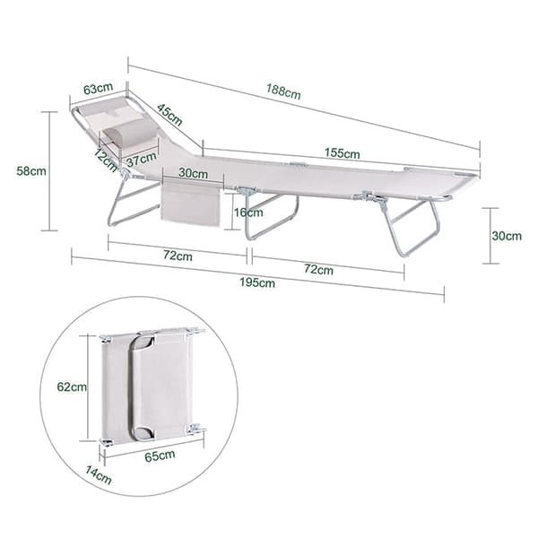 Rootz justerbar strandstol - Trädgårdssäng - Fällbar solstol - Syntetfiber som andas - Avtagbar kudde - Sidoficka - 195cm x 58cm x 63cm - Beige