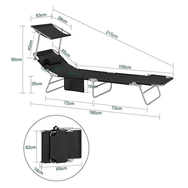 Rootz justerbar solstol med kapell - Trädgårdssäng - Strandstol - Hopfällbar och bärbar - UV-skydd - Förvaringsficka - 195 cm x 90 cm x 63 cm