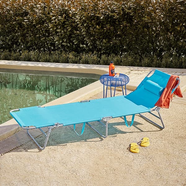 Rootz Justerbar liggestol - Strandseng - Haveseng - Sammenklappelig, åndbar, med sidelomme - Blå - 195 cm x 58 cm x 63 cm
