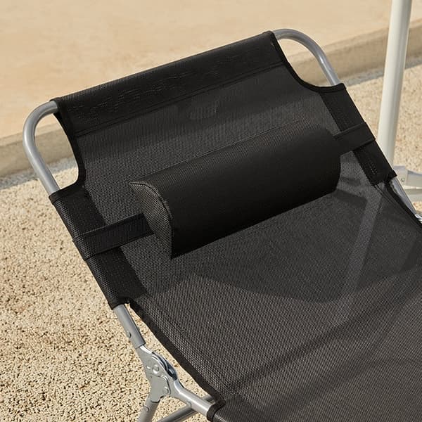 Rootz justerbar solstol - Strandstol - Trädgårdsstol - Vikbart, ventilerande tyg, med kudde och sidficka - Svart - 195cm x 58cm x 63cm