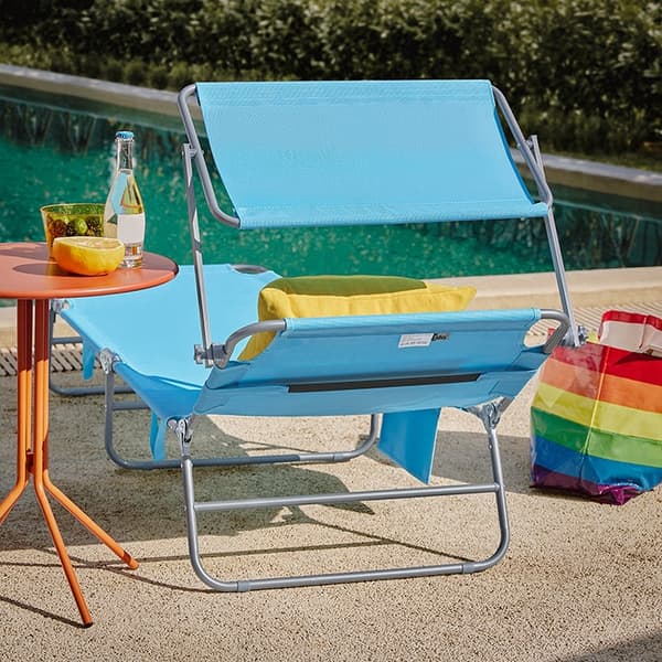 Rootz justerbar solstol med kapell - Trädgårdsstol - Hopfällbar strandstol - Slitstark metallram - Syntetfibertyg - Förvaringsficka - 195 cm x 90 cm x