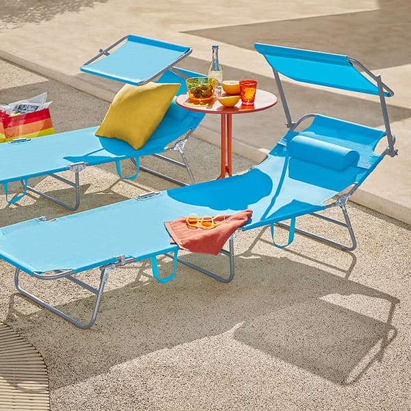 Rootz justerbar solstol med kapell - Trädgårdsstol - Hopfällbar strandstol - Slitstark metallram - Syntetfibertyg - Förvaringsficka - 195 cm x 90 cm x