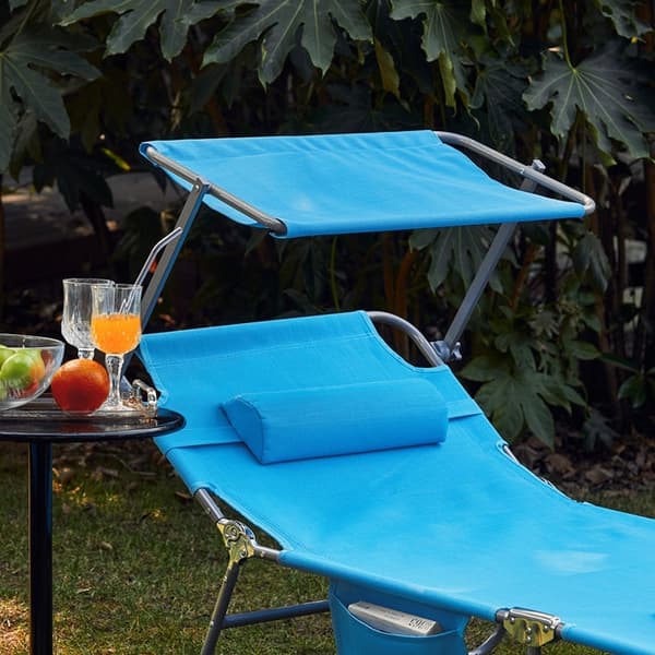 Rootz justerbar solstol med kapell - Trädgårdsstol - Hopfällbar strandstol - Slitstark metallram - Syntetfibertyg - Förvaringsficka - 195 cm x 90 cm x