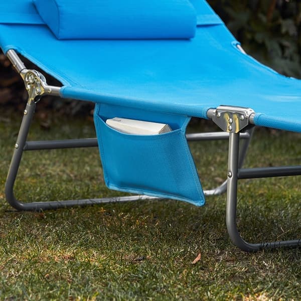 Rootz justerbar solstol med kapell - Trädgårdsstol - Hopfällbar strandstol - Slitstark metallram - Syntetfibertyg - Förvaringsficka - 195 cm x 90 cm x