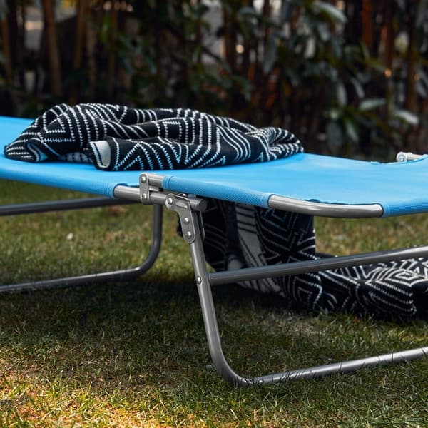 Rootz justerbar solstol med kapell - Trädgårdsstol - Hopfällbar strandstol - Slitstark metallram - Syntetfibertyg - Förvaringsficka - 195 cm x 90 cm x