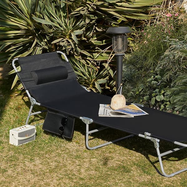 Rootz justerbar strandstol - Trädgårdssäng - Fällbar solstol - Andningsbart tyg - Avtagbar kudde - Sidoficka - 195cm x 58cm x 63cm - Svart