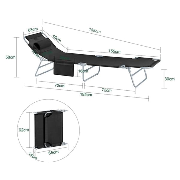 Rootz justerbar strandstol - Trädgårdssäng - Fällbar solstol - Andningsbart tyg - Avtagbar kudde - Sidoficka - 195cm x 58cm x 63cm - Svart