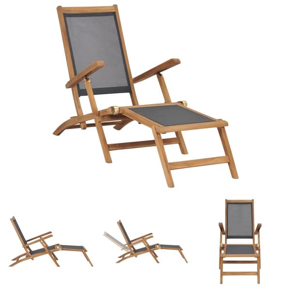 The Living Store Däckstol med fotstöd massiv teak svart -  Solsängar