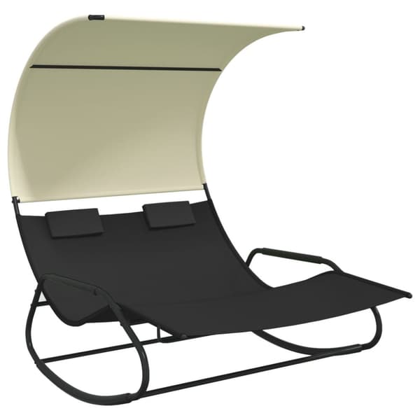 The Living Store Dubbel gungande solsäng med tak svart och gräddvit -  Solsängar