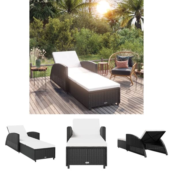 The Living Store liggestol med cremefarvet hynde polyrattan sort -  Solsenge & liggestole