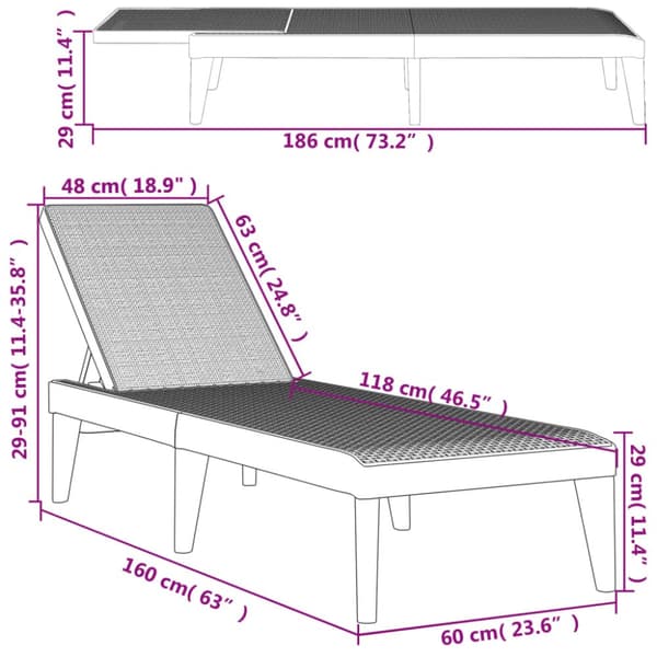 The Living Store liggestol 186x60x29 cm PP antracitgrå -  Solsenge & liggestole